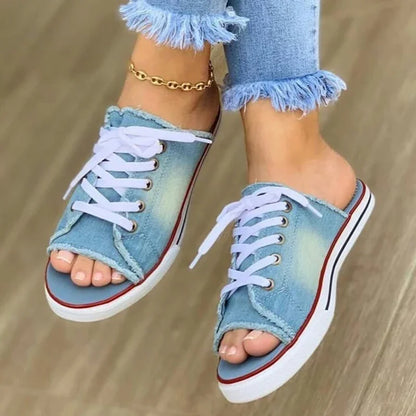 Ladies Flat Bottom Lace Fabric Slippers