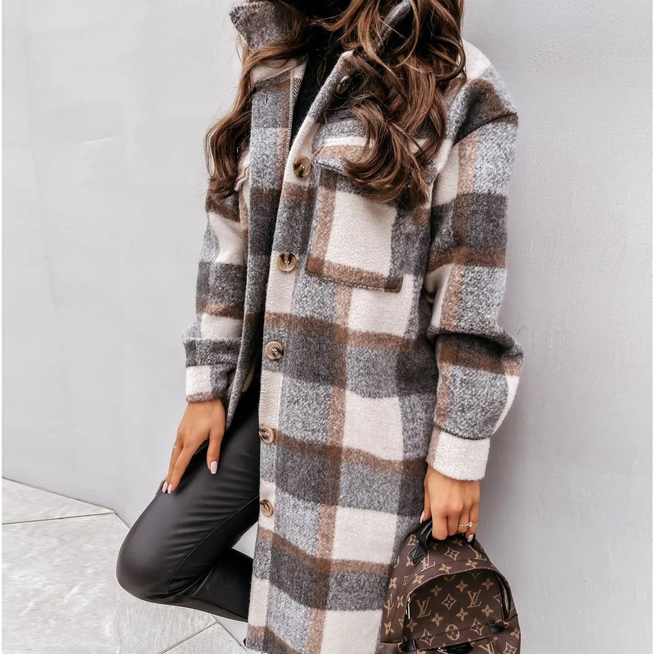 Single Breasted Trench Coat Fashion Long Autumn Winter Women's Long Sleeve Woolen Plaid Clothes