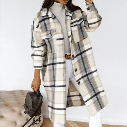 Single Breasted Trench Coat Fashion Long Autumn Winter Women's Long Sleeve Woolen Plaid Clothes