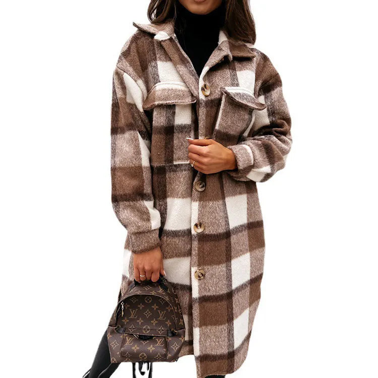 Single Breasted Trench Coat Fashion Long Autumn Winter Women's Long Sleeve Woolen Plaid Clothes