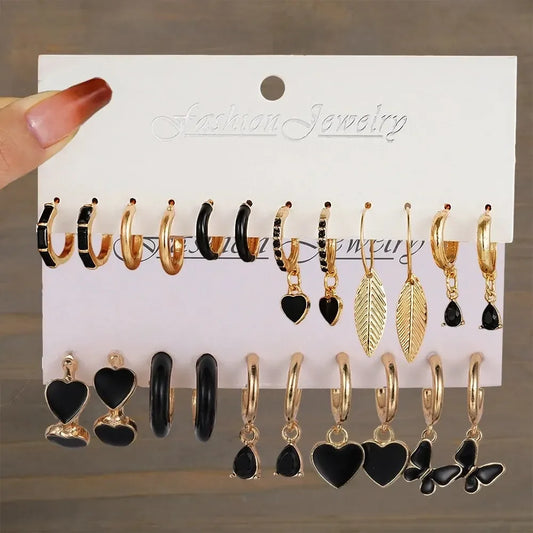 11 Pcs Black Heart, Leaf Butterfly, Earrings Set for Women