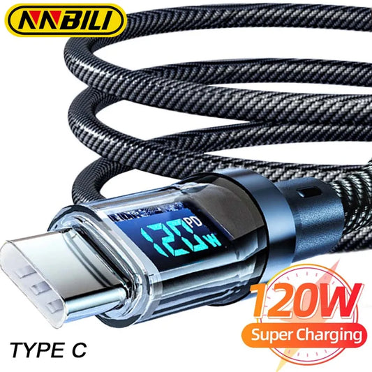 120W USB-C to USB-C Fast Charging Cable with LED Display – Compatible with Huawei, OPPO, Vivo, Samsung, iPhone (USB-C Models)