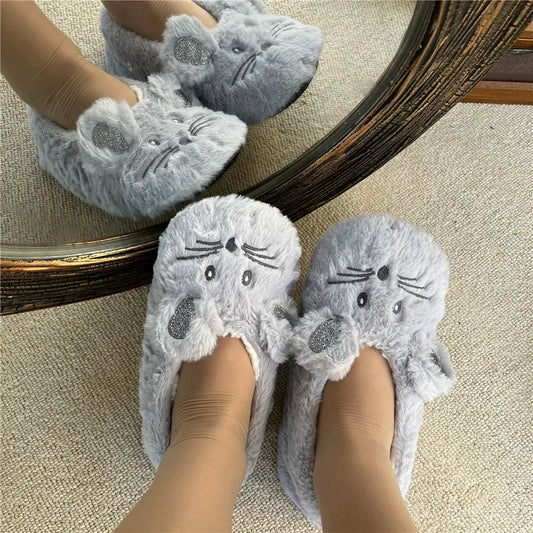 Home Slippers Women Cotton Fur Warm Mouse Ears - Himalaya Store