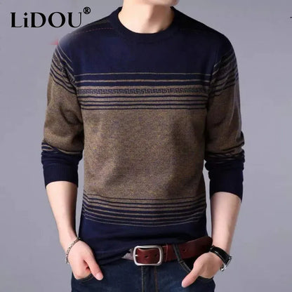 Autumn winter casual loose vintage striped mens long sleeve sweaters for men