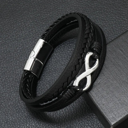 Men's Fashion Punk Leather Bracelet – Stainless Steel, Braided Rope, Multilayer Gift